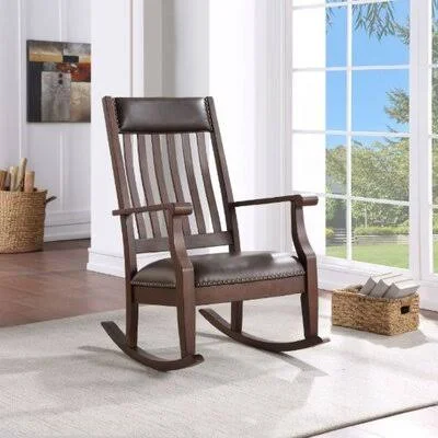 Rocking Chair, Brown PU & Walnut Finish Red Barrel Studio