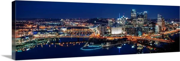 Panoramic Pittsburgh City Skyline at Night - Canvas Wall Art, 48x16, Great Big Canvas