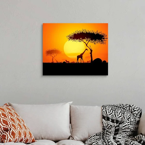 Sunset in Africa, with Silhouetted Animals and Trees, Large Solid-Faced Canvas Wall Art Print, Great Big Canvas