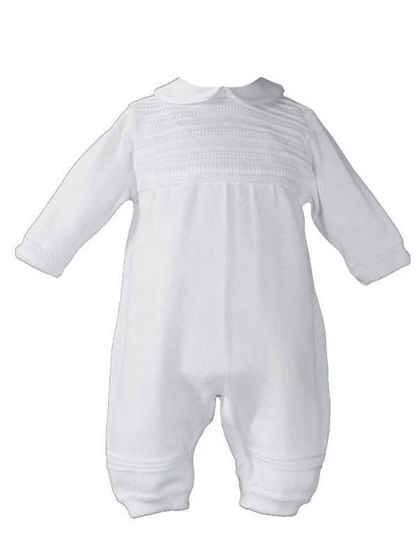 Little Things Mean A Lot Baby Boys White Cotton Knit Long Sleeve Rib Pattern Christening Coverall NB-24M