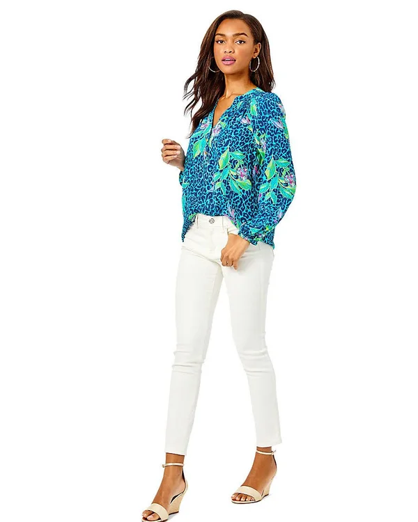 Lilly Pulitzer Womens Elsa Silk Top (Onyx Can You Zee Me) (Size M)