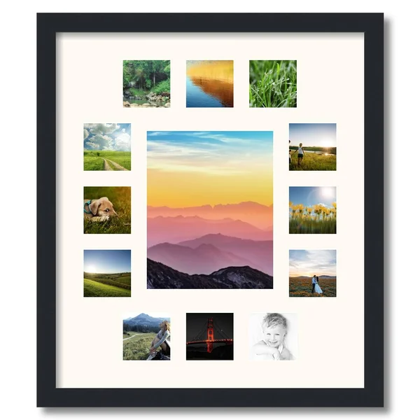 Collage Picture Frame, Satin Black Frame with 13 openings for 8x10 Photos with White Mat. D3926IG676, ArtToFrames
