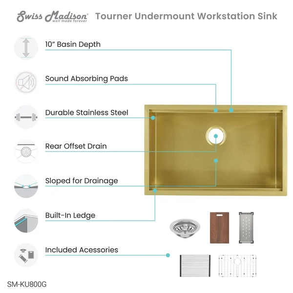 Tourner 30x22 x 19x22 Stainless Steel, Single Basin, Undermount Kitchen Workstation Sink in Gold