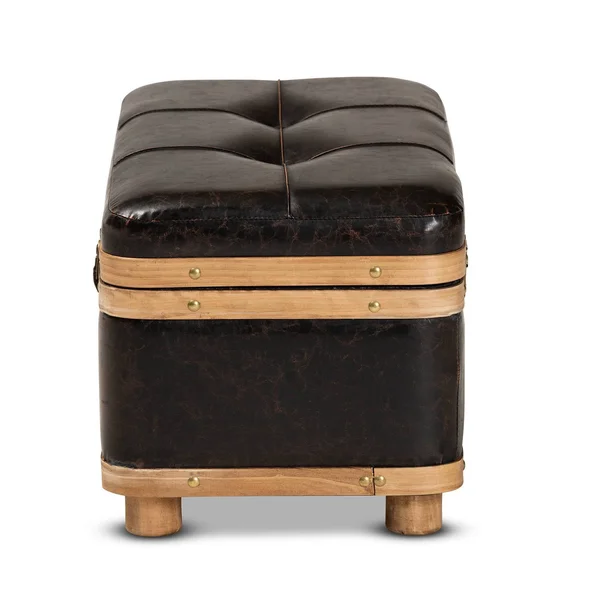 Baxton Studio Gendry Modern Rustic Transitional Dark Brown Faux Leather Upholstered and Oak Brown Finished Wood Small Storage Ot