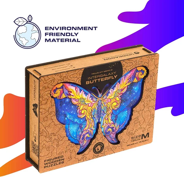 Unidragon Wooden Puzzle Jigsaw, Best Gift for Adults and Kids, Unique Shape Jigsaw Pieces Intergalaxy Butterfly, 12.6 x 9 in (32