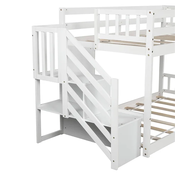 Twin Over Twin Floor Bunk Bed, Ladder with Storage - White