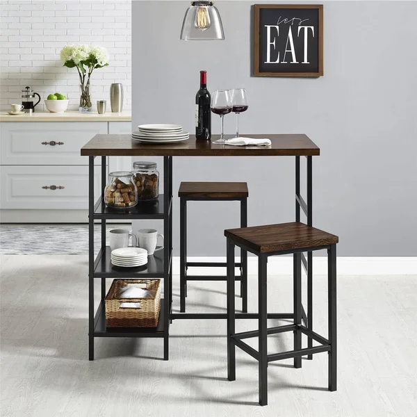 Mainstays 3-Piece Metal Pub Set with Wood Top, Dark Mahogany