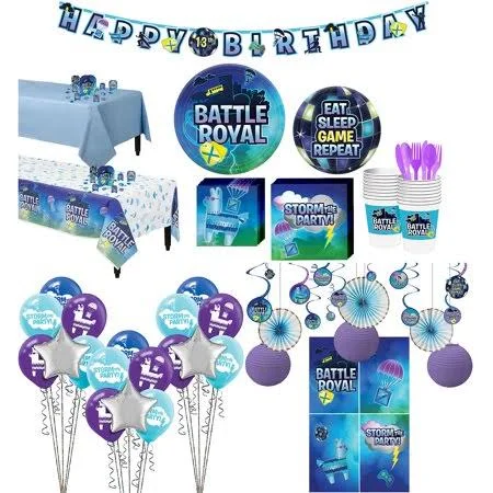 Party City Battle Royal Ultimate Tableware Supplies for 16 Guests - with Table Covers, Decorations and More