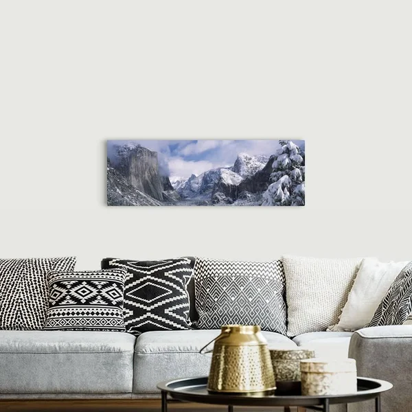 Mountains and Waterfall in Snow - Tunnel VIEW, El Capitan, Half Dome, Bridal Veil, Yosemite Nation..., Canvas Wall Art, 48x16