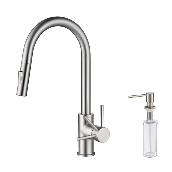 Lead Free Solid Brass Single Handle Pull Out Kitchen Faucet with Magnetic Docking - Brush Nickel w/ Soap Dispenser
