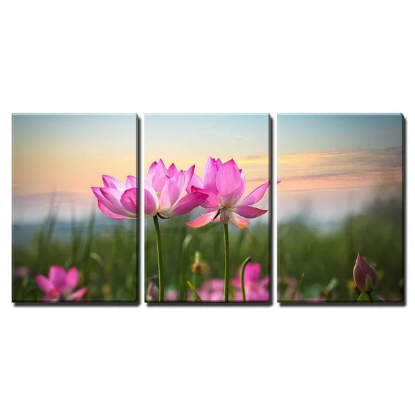 Wall26 - 3 Piece Canvas Wall Art - Beautiful Lotus Flower in Blooming at Sunset - Modern Home Decor Stretched and Framed Ready t