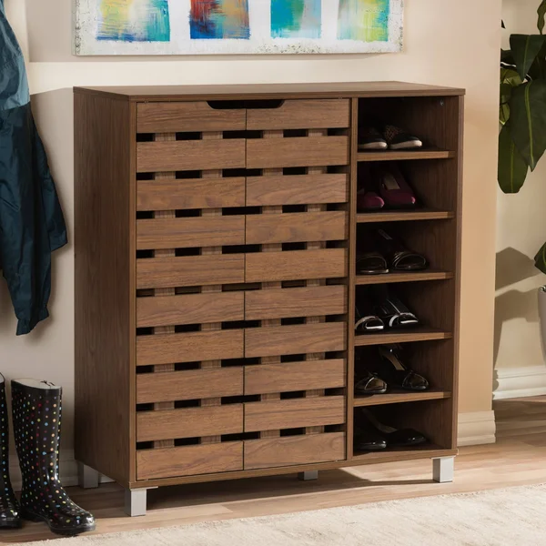 Baxton Studio Shirley 2 Door Shoes Cabinet with Open Shelves, Walnut Brown
