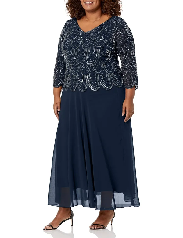 J Kara Women's Plus Size 3/4 Sleeve with Scallop Beaded Pop Over Gown