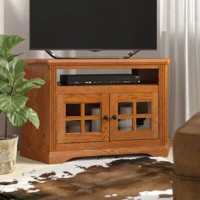 Glastonbury Solid Wood Corner TV Stand for TVs Up to 50x22 Loon Peak Color: Dark Oak, Door Type: Plain Glass