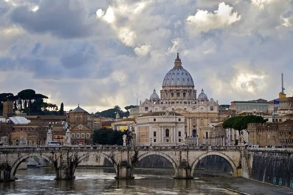 Panoramic Images Large Canvas Art Prints - Arch Bridge Across Tiber River with St. Peter's Basilica in The Background - Rome, Laz