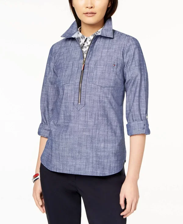 Tommy Hilfiger Women's Half Zip Popover Shirt - Chambray Blue, S