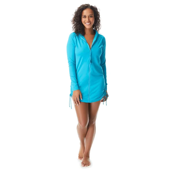 Beach House Women's Interval Long Sleeve Side Tie Zip Front Cover Up - Beach Solids H47689 Teal S