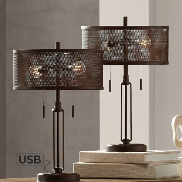 Dayn Industrial Rustic Farmhouse Accent Table Lamps Set of 2 with Antique LED Edison Bulb Brown Metal Mesh Shade for Living Room