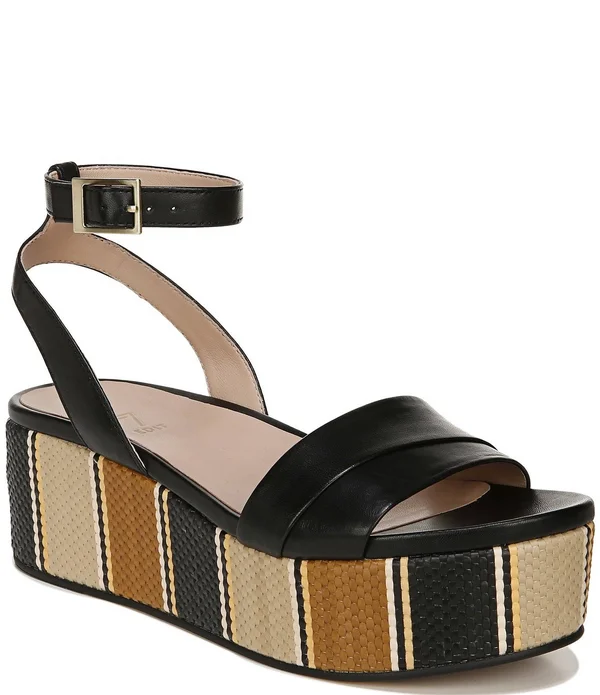 27 Edit Jamari Leather Striped Platform Sandals - Womens, 5M, Black