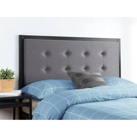 Priage Button Tufted Grey Upholstered Metal Headboard - Size: Full, Gray