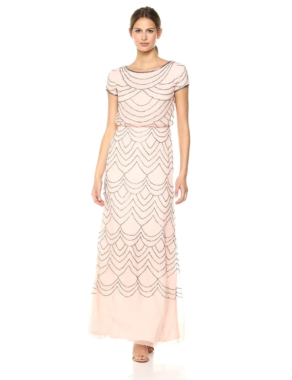 Adrianna Papell Beaded Blouson Gown - 12 - Blush/Gold