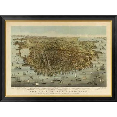 Global Gallery 'San Francisco Birds Eye VIEW, 1878' by Charles R. Parsons Framed Graphic Art on Canvas, Beige