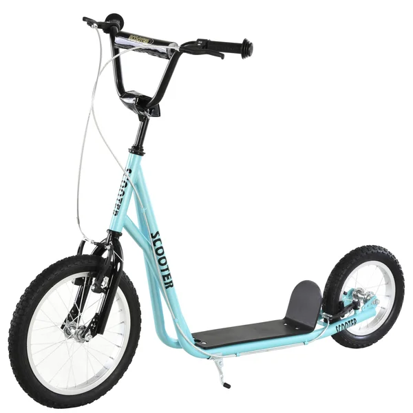 Aosom Teens Youth Scooter Ride on Toy with Adjustable Handlebar, Dual Brakes, and Inflatable Wheels for Kids 5+ - Blue
