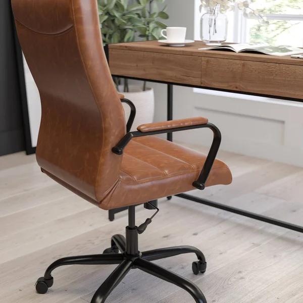 Merrick Lane Contemporary High-Back Brown Faux Leather Home Office Chair with Padded Black Arms