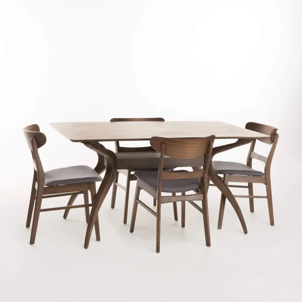 Kloss Curved Leg Rectangular 5-Piece Dining Set, Dark Grey/ Natural Walnut Finish, Gray