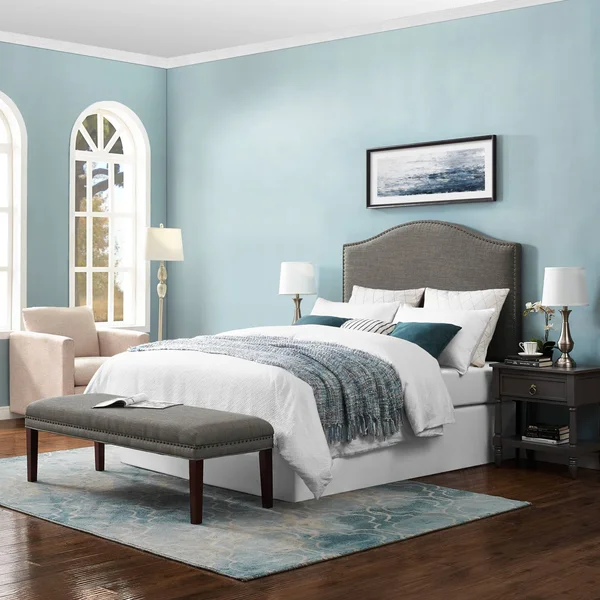 Gray Upholstered Camelback King Panel Headboard