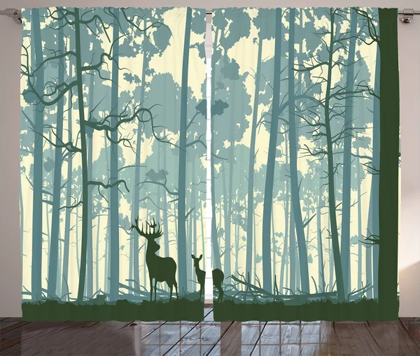 Ambesonne Deer Curtains - Animal Silhouette in Foggy Forest Animals in Nature Themed Cartoon Dusk Artwork, Living Room Bedroom Wi
