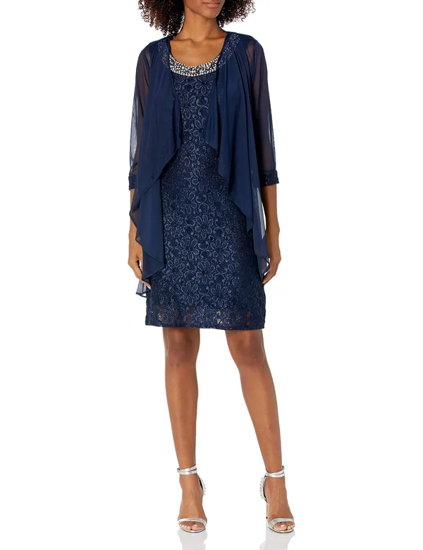 R & M Richards Embellished Lace Sheath Dress & Jacket - Navy