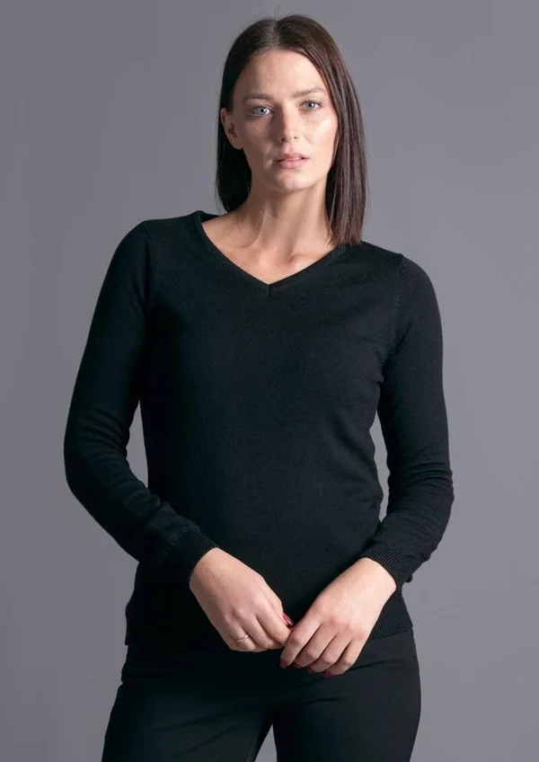 Womens Pure Extra Fine Merino Wool V Neck Jumper, Black, S