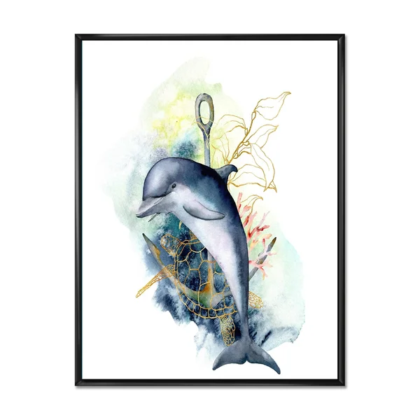Designart &Dolphin Turtle Anchor & Linear Coral Reef Plants& Nautical & Coastal Framed Canvas Wall Art Print - 24 in. Wi