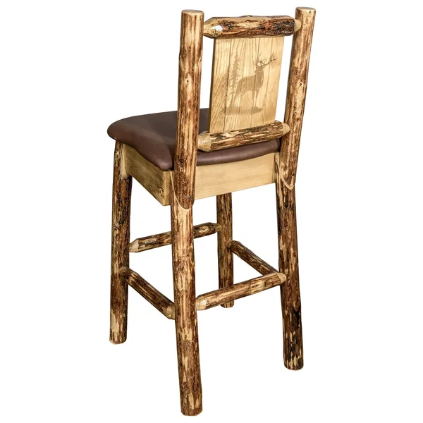 Montana Woodworks MWGCBSWNRSADDLZELK Glacier Country Barstool with Back - Saddle Upholstery with Laser Engraved Elk Design