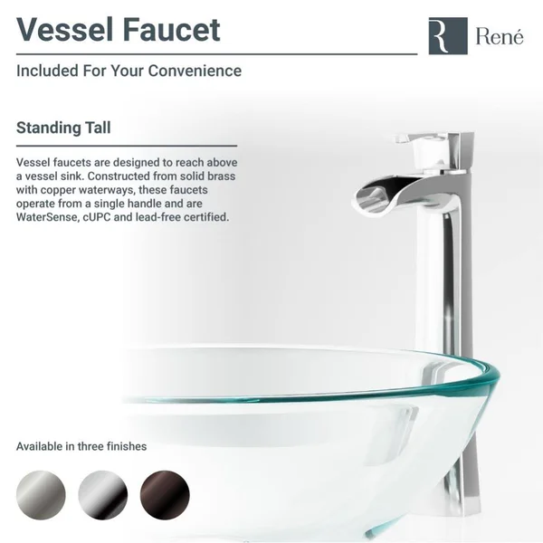 Rene R5-5025-R9-7007 16-5/8x22 Glass Vessel Bathroom Sink with Vessel Faucet Sink Beach Sand, Chrome