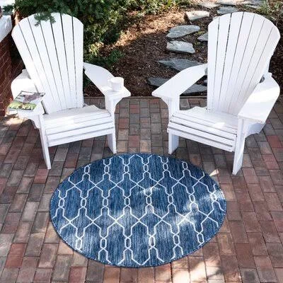 Heathcliff Geometric Navy Blue/Ivory Indoor - Outdoor Area Rug Sand & Stable Rug Size: Round 4&