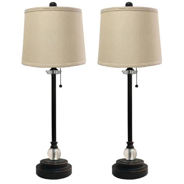 Royal Designs Set of 2 Buffet Lamps in Oil Rub Bronze with Linen Beige Hard Back Lamp Shades - 27x22 Tall
