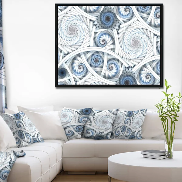 Designart 'White Spiral with Blue Fractal Art' Large Abstract Framed Canvas Art - 40 in. Wide x 30 in. High - Black