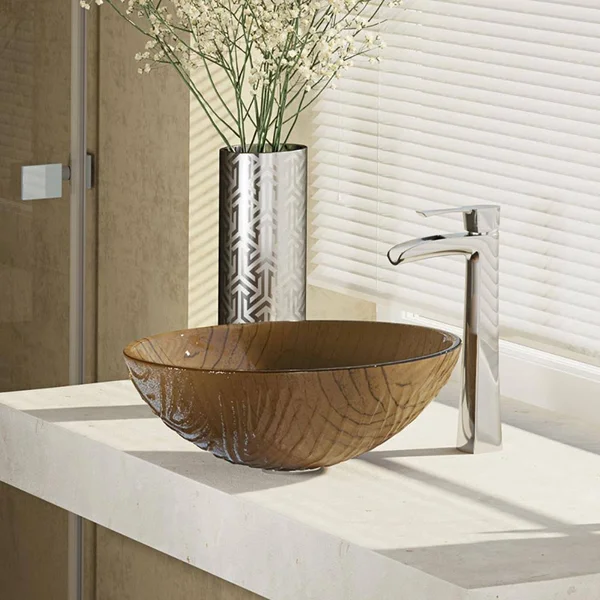 Rene R5-5025-R9-7007 16-5/8x22 Glass Vessel Bathroom Sink with Vessel Faucet Sink Beach Sand, Chrome