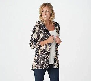 Isaac Mizrahi Live! Floral Printed V-Neck Cardigan - Size Small, Neutral