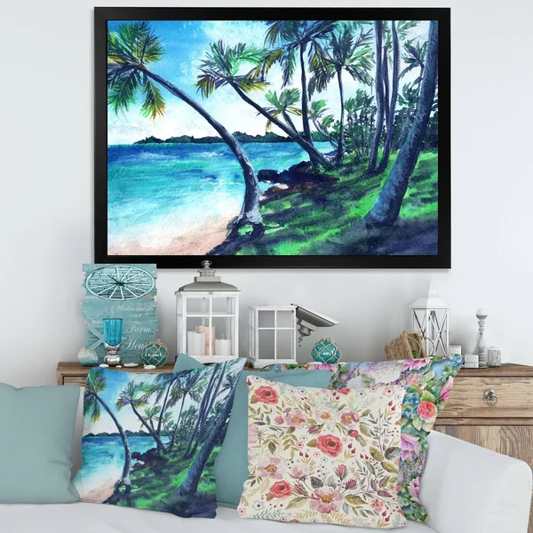 Designart &Tropical Beach in Summer Paradise& Nautical & Coastal Framed Art Print - 20 in. Wide x 12 in. High - Black
