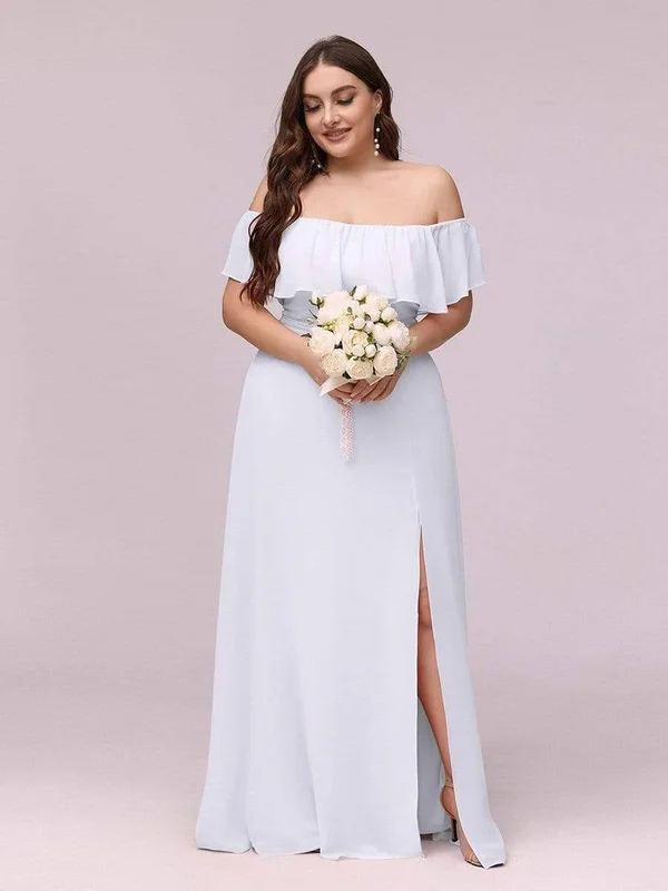 Ever-pretty White Ruffle Off Shoulder High Split Elopement Dress for Beach Wedding Adult Female Polyester