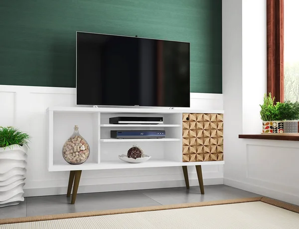 Manhattan Comfort - Liberty 53.14x22 Mid Century Modern TV Stand 5 Shelves White/3D Brown Prints