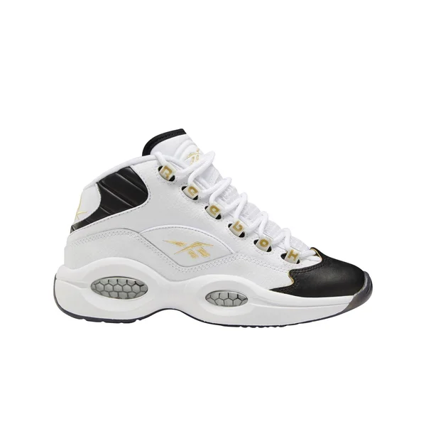 Reebok Question Mid White/Black/Gold Grade School Kids& Shoes, Size: 5.5