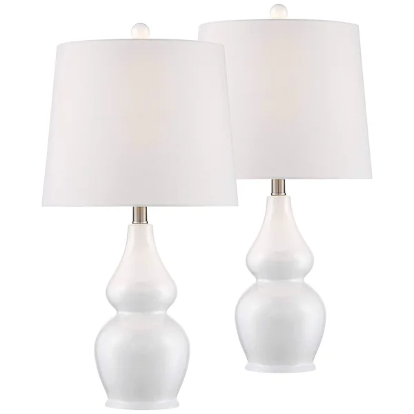 360 Lighting Modern Table Lamps Set of 2 Ceramic White Double Gourd Drum Shade for Living Room Family Bedroom Bedside Nightstand