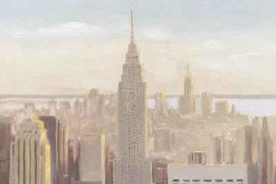 Framed Canvas Art (Gold Floating Frame) - Manhattan Dawn Gold and Neutral by James Wiens ( places > North America > Unit