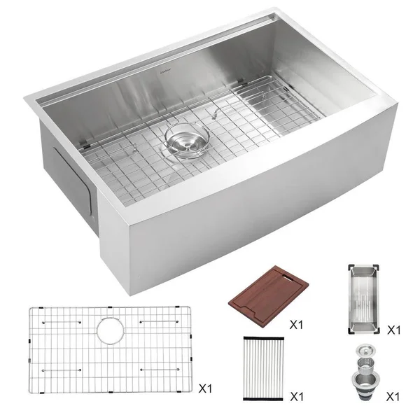 Mini Kong Stainless Steel 33 in. 16-Gauge Single Bowl Farmhouse Apron-Front Kitchen Sink Basin with Workstation Strainer, Silver