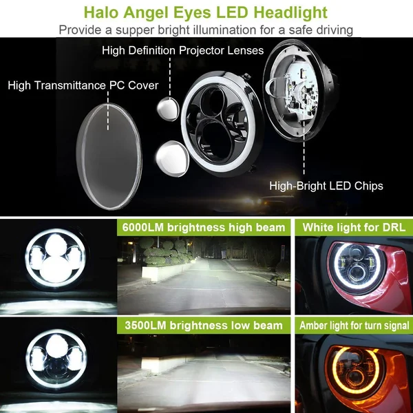 Kocaso 2 x 7x22 6000LM Round LED Headlight Halo Angel Eyes for Jeep Wrangler TJ JK CJ W/H4 to H13 Adapter Plug and Play