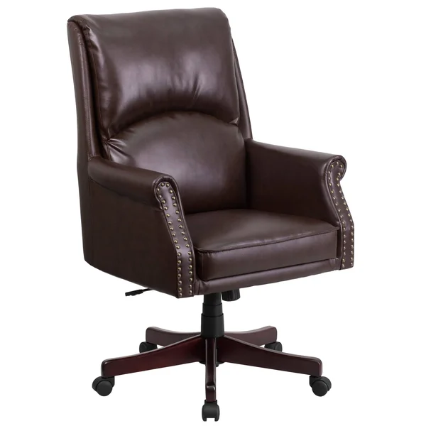High Back Pillow Back Brown Leather Executive Swivel Office Chair with Arms